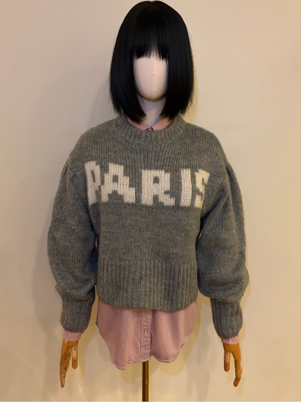 NWT H&M Divided Grey Paris Puff Sleeve Cropped Knit Sweater Size S⁠
